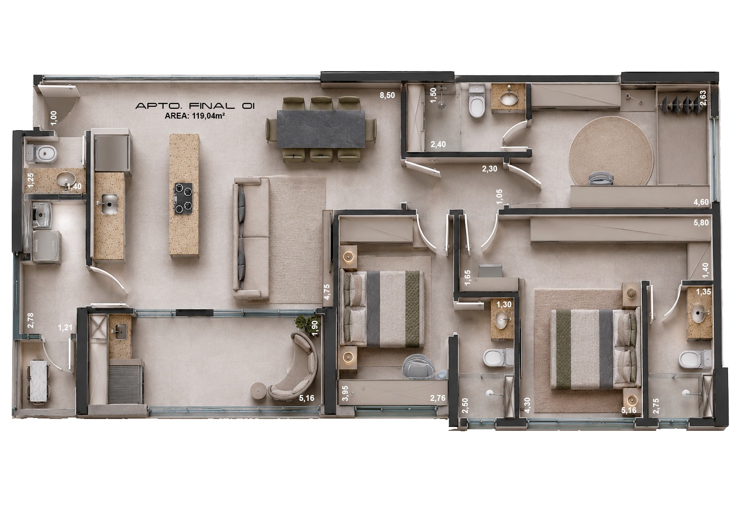 Planta humanizada do Apartamento Final 01 com 119,04 m²