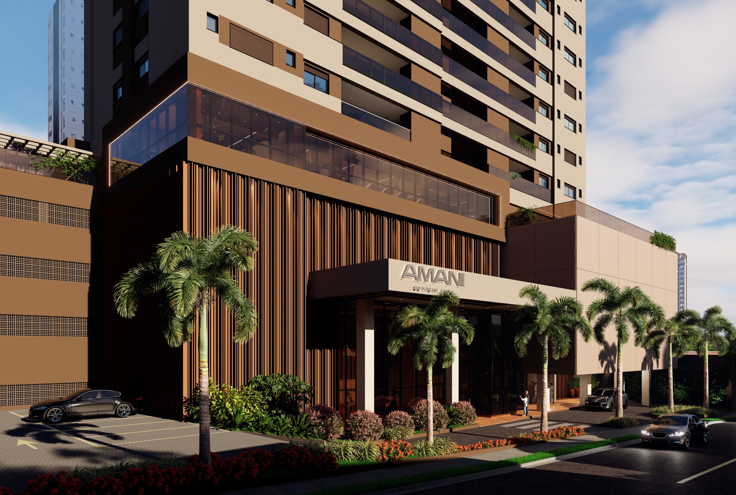 Embasamento em brises verticais dourados e acesso principal do AMANI Comfort Home
