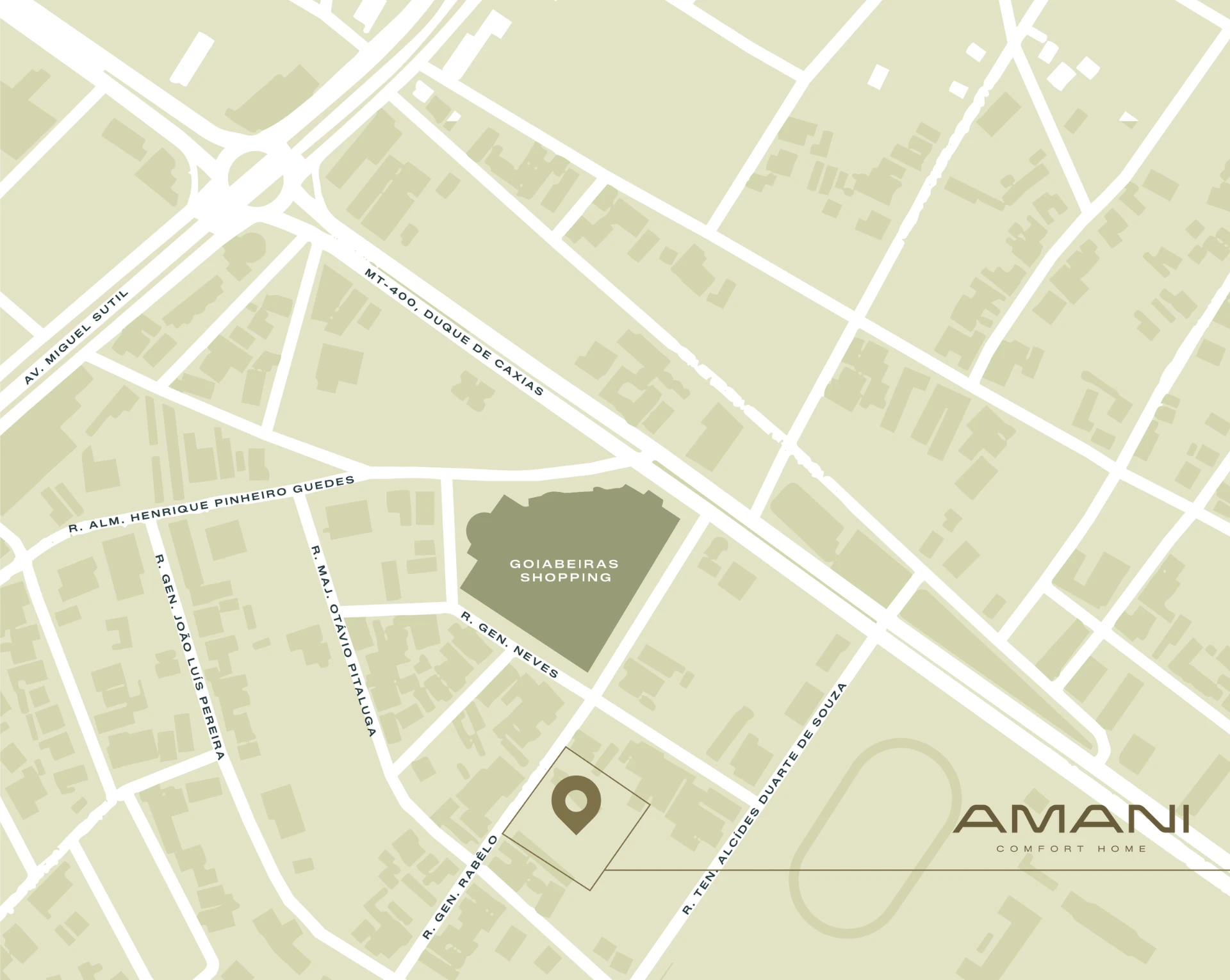 Mapa da localização do Amani Comfort Home no bairro Goiabeiras, na Rua General Rabelo, ao lado do Goiabeiras Shopping