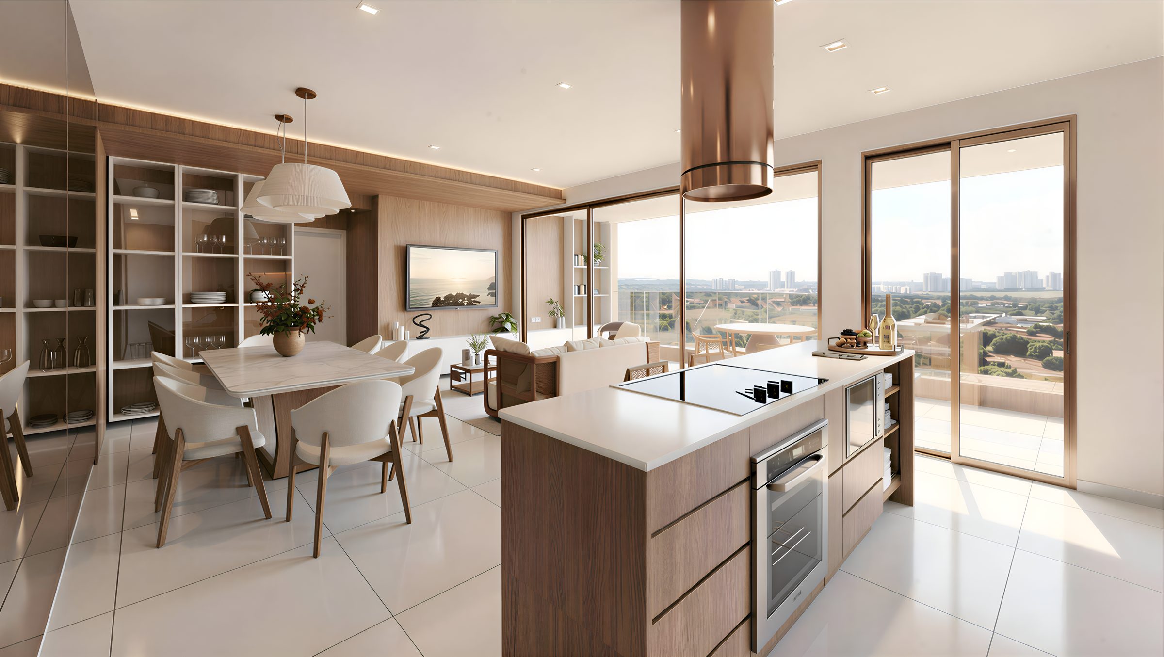 Cozinha integrada ao living do apartamento decorado