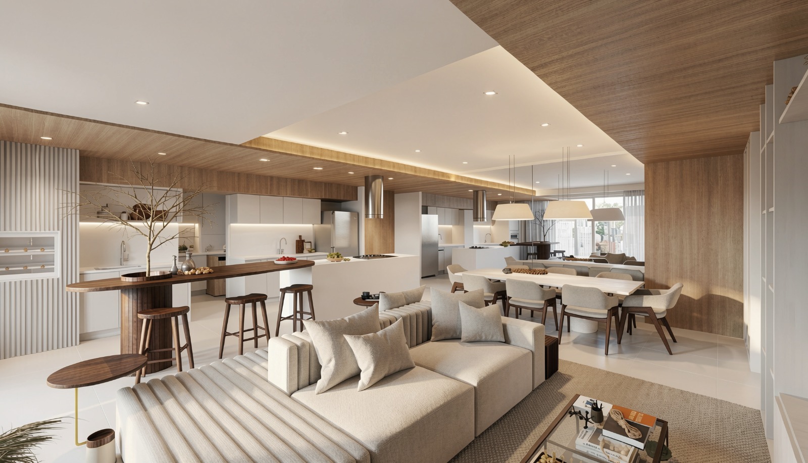 Living decorado integrado à cozinha do apartamento de 138 m²