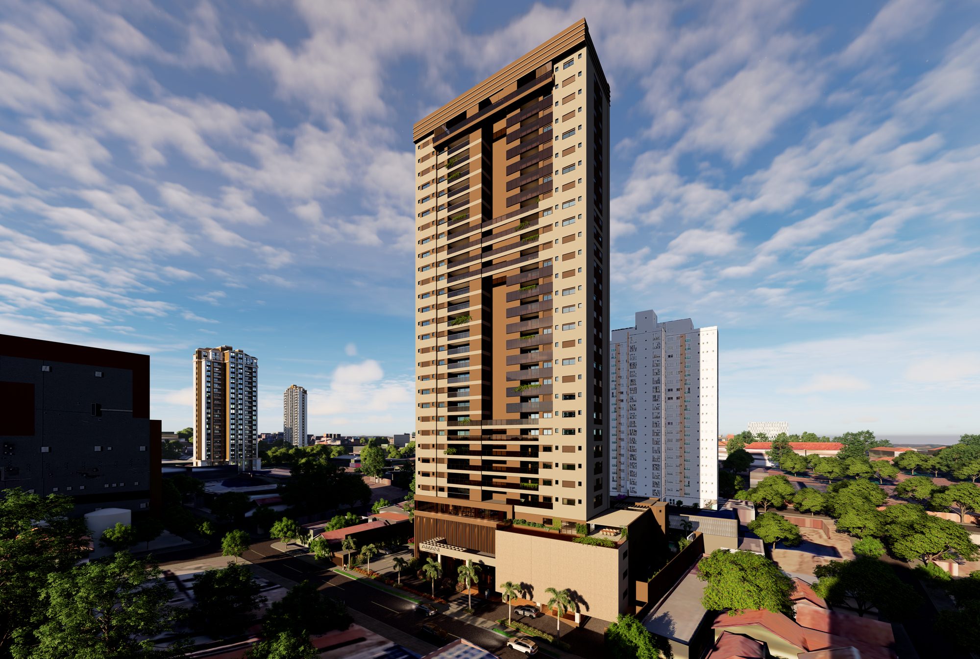 Fachada completa da torre AMANI Comfort Home durante o dia
