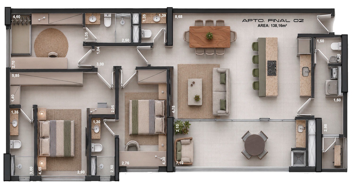 Planta humanizada do Apartamento Final 02 com 138,16 m²