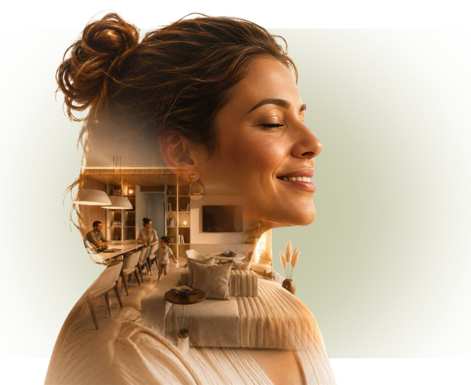 Composição da campanha Amani: silhueta feminina com o living e a família refletidos