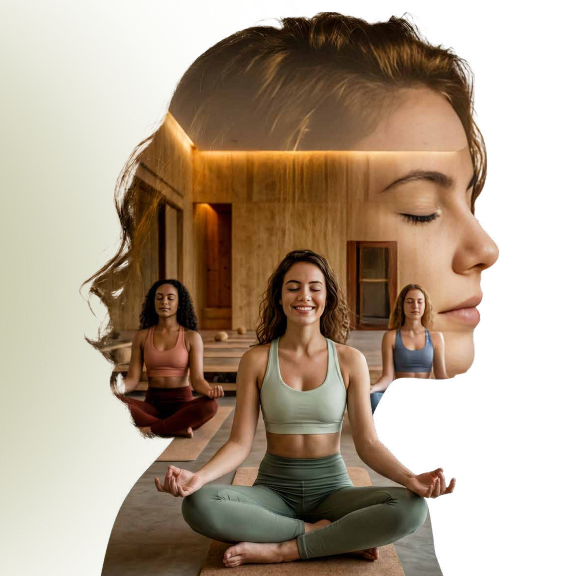 Composição da campanha Amani: prática de yoga no espaço zen refletida na silhueta